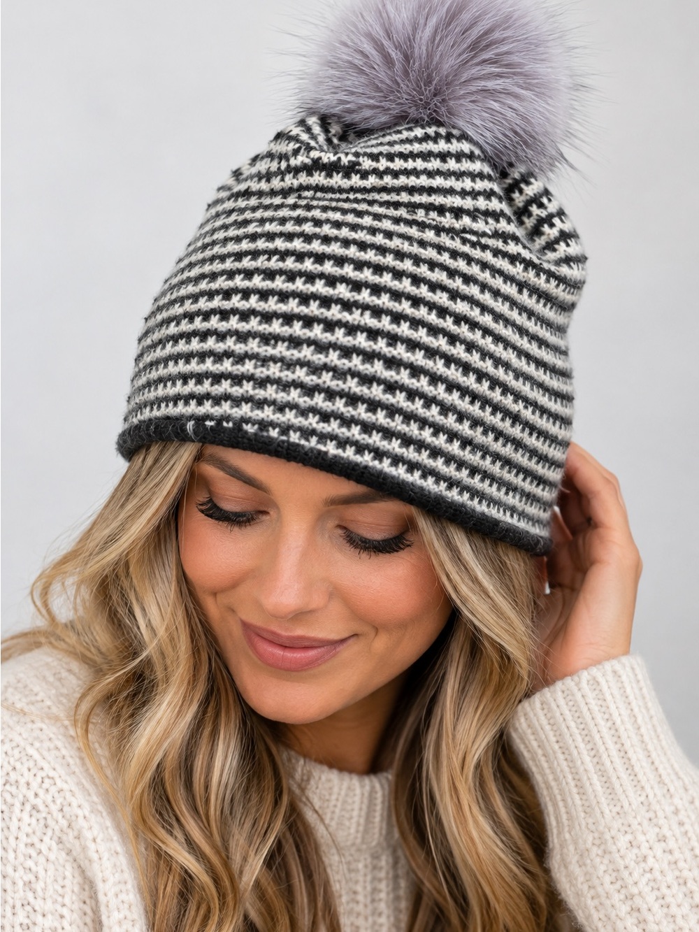 Portolano 100% Cashmere Black & White Striped Knit Beanie with lavender Pom